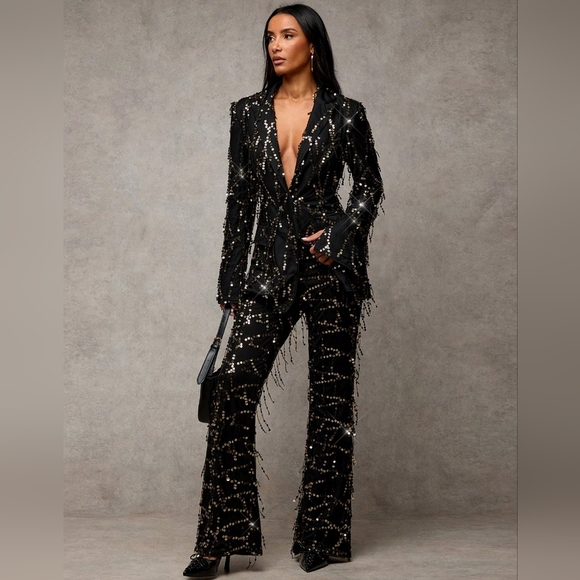 Women's Patchwork Sequin & Tassel Decor Flare Pants Halloween Women